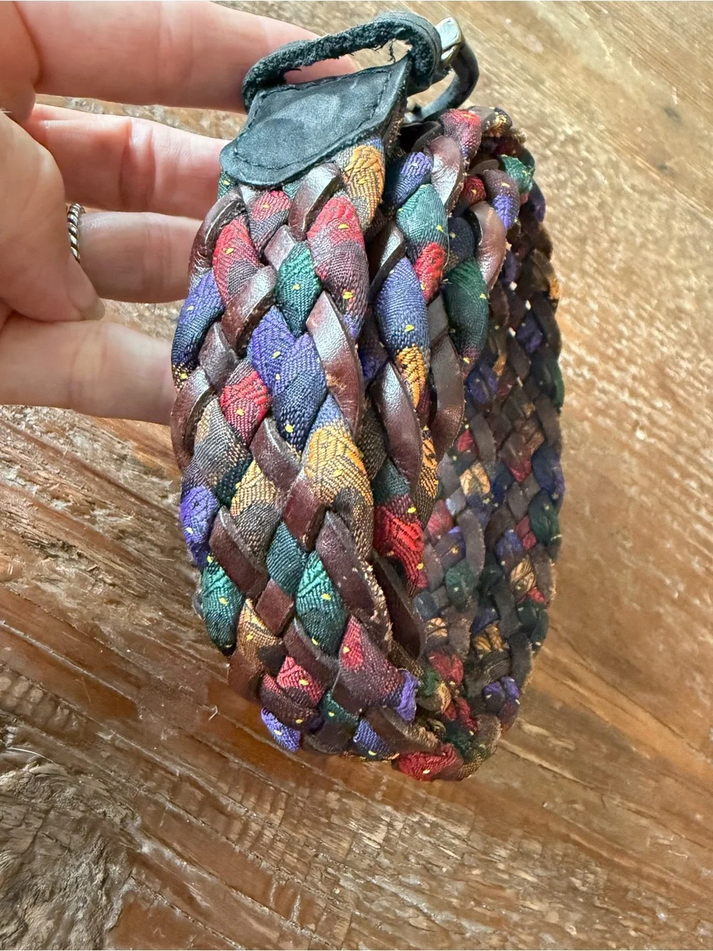 Colorful Braided Fabric Belt with Leather Tab
